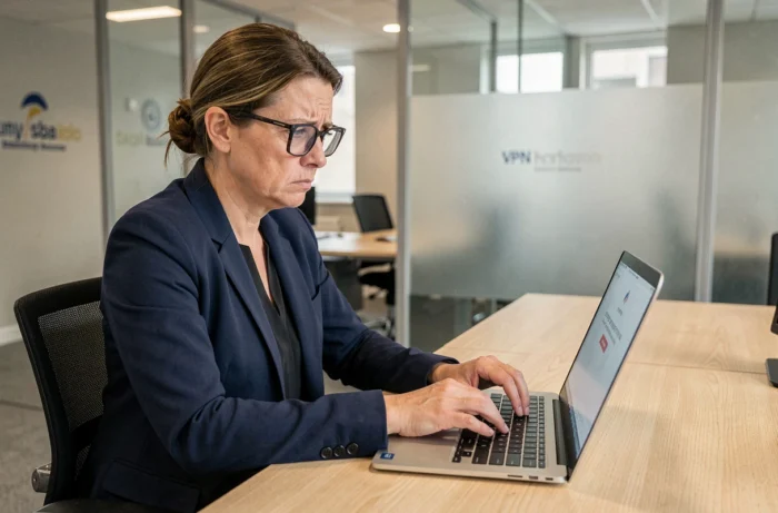 Femme professionnelle frustrée face à une erreur de connexion VPN sur son ordinateur portable au bureau