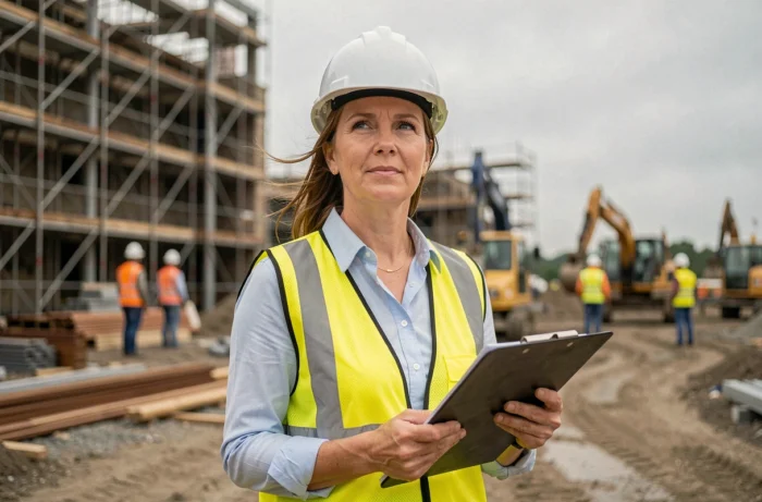 Femme cheffe de chantier sur un site industriel, illustrant la sous-représentation des femmes dans les métiers techniques intermédiaires