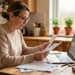 Femme comparant des offres de mutuelle santé sur ordinateur portable à la table de cuisine