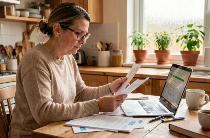Femme comparant des offres de mutuelle santé sur ordinateur portable à la table de cuisine