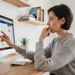 Femme consultant un plan de site sur un ordinateur de bureau dans un bureau à domicile moderne