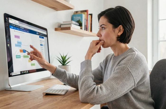 Femme consultant un plan de site sur un ordinateur de bureau dans un bureau à domicile moderne