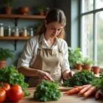 Femme préparant des légumes biologiques frais dans une cuisine naturelle et écologique
