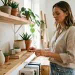 Femme décorant une étagère en bois dans un salon de style scandinave pour créer une maison de rêve