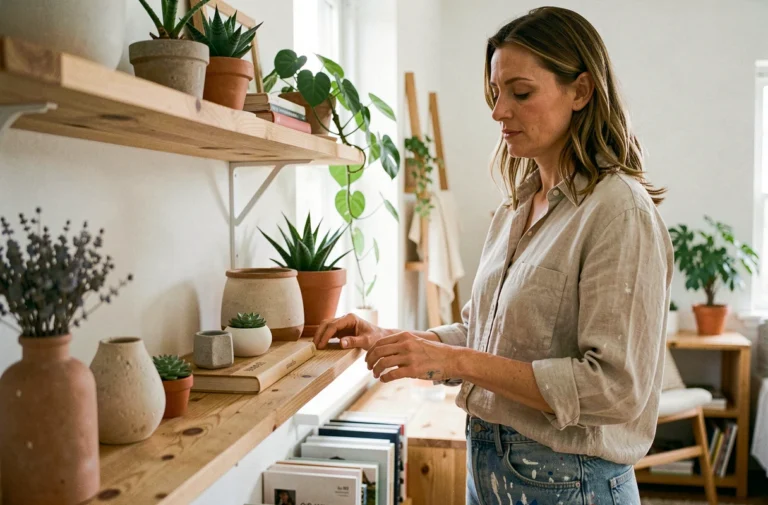 Femme décorant une étagère en bois dans un salon de style scandinave pour créer une maison de rêve