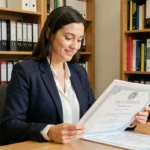 Femme en blazer navy examinant un diplôme reconnu par l'État dans un bureau universitaire