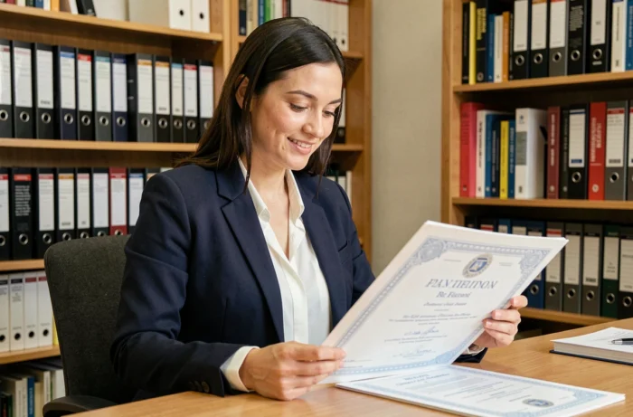Femme en blazer navy examinant un diplôme reconnu par l'État dans un bureau universitaire