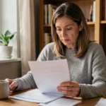 Femme lisant attentivement une documentation sur les stabilisateurs de l'humeur à son bureau à domicile