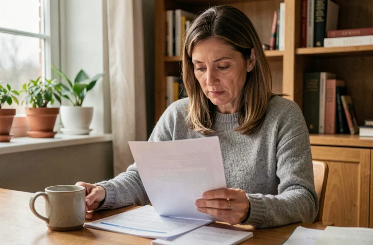 Femme lisant attentivement une documentation sur les stabilisateurs de l'humeur à son bureau à domicile
