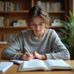Femme écrivant dans un cahier avec un stylo plume, entourée de livres de grammaire française, illustrant la rédaction soignée de l'expression d'ores et déjà