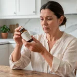 Femme d'une quarantaine d'années examinant un complément alimentaire Acthéane à la maison, style éditorial réaliste