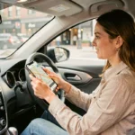 Femme en voiture utilisant l'application Mappy sur smartphone monté sur tableau de bord avec guidage vocal activé