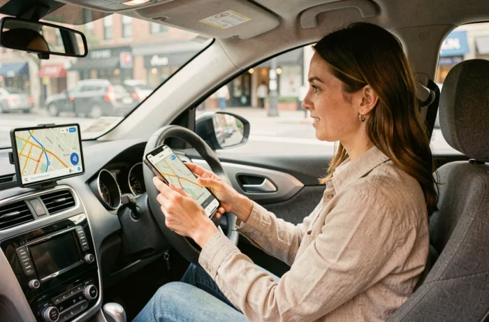 Femme en voiture utilisant l'application Mappy sur smartphone monté sur tableau de bord avec guidage vocal activé