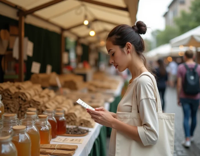 Jeune femme faisant ses courses dans un marché bio local avec des produits écologiques