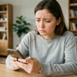 Femme perplexe regardant son téléphone avec l'application Messenger ouverte, se demandant si elle a été mise en sourdine par un contact