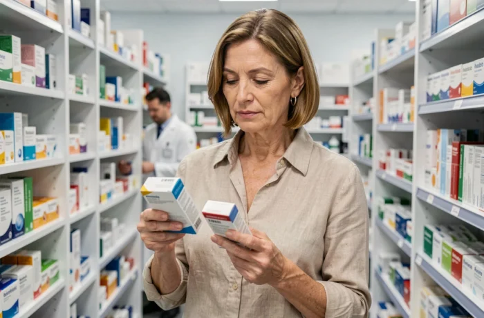 Femme comparant des médicaments stabilisateurs de l'humeur dans le rayon d'une pharmacie
