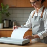 Femme utilisant une plastifieuse compacte à la maison pour plastifier une feuille de papier sur une table en bois
