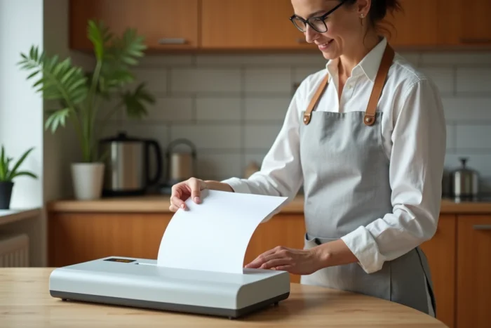 Femme utilisant une plastifieuse compacte à la maison pour plastifier une feuille de papier sur une table en bois