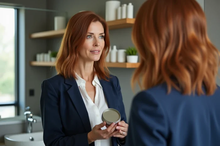 Femme examinant un pot de pommade Vermogal dans un espace beauté moderne avec rangement de produits capillaires