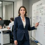 Femme cadre intermédiaire présentant un projet dans un bureau moderne, illustrant la parité professionnelle en 2024