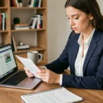 Femme professionnelle en blazer marine révisant son CV à un bureau moderne pour décrocher un emploi rapidement