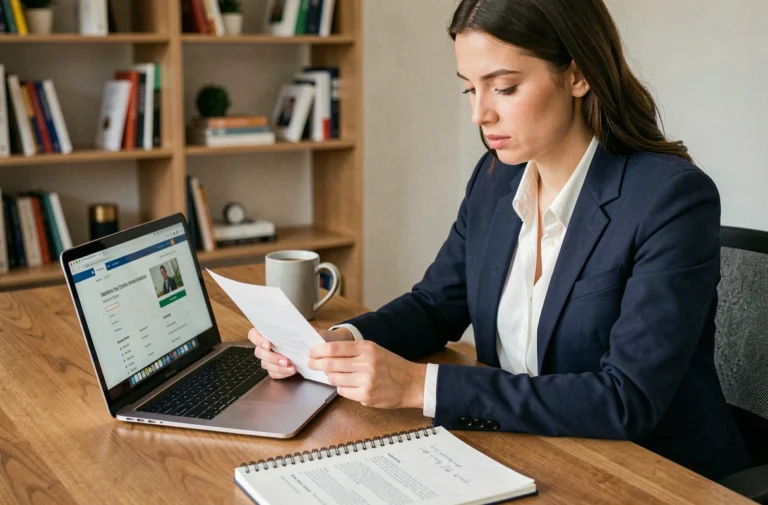 Femme professionnelle en blazer marine révisant son CV à un bureau moderne pour décrocher un emploi rapidement
