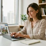 Femme cherchant un logement neuf sur ordinateur portable dans un bureau moderne à domicile
