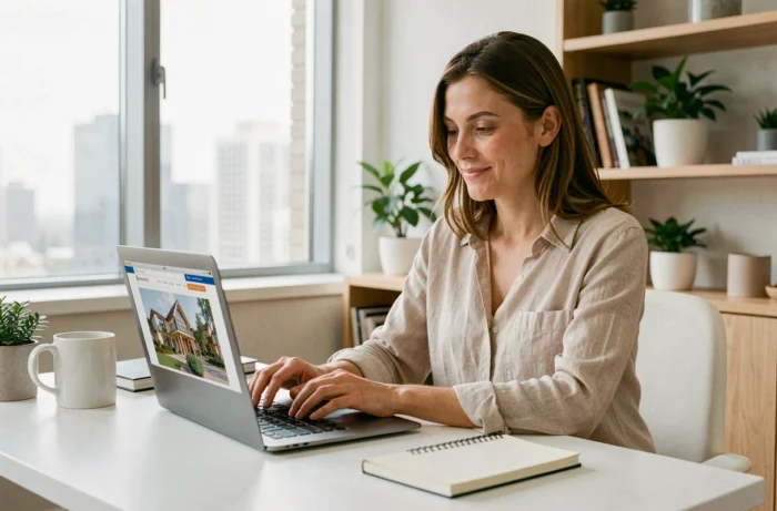 Femme cherchant un logement neuf sur ordinateur portable dans un bureau moderne à domicile