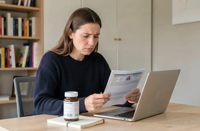 Femme lisant attentivement la notice d'un complément alimentaire à son bureau, recherche sur l'efficacité et les risques d'Acthéane