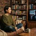 Femme regardant un documentaire sur son canapé dans un salon chaleureux et authentique