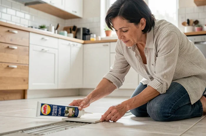 Femme réparant un carrelage décollé avec la colle Pattex Montage Classic dans une cuisine moderne