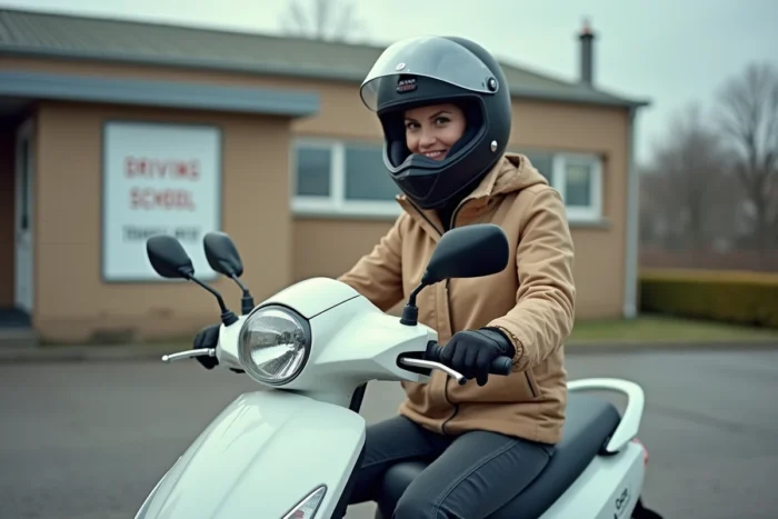 Femme portant un casque modulable assise sur un scooter 125cc blanc devant une auto-école
