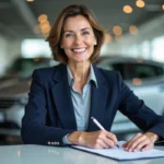 Femme signant les documents d'achat d'une voiture neuve dans une concession automobile moderne grâce au financement CGOS