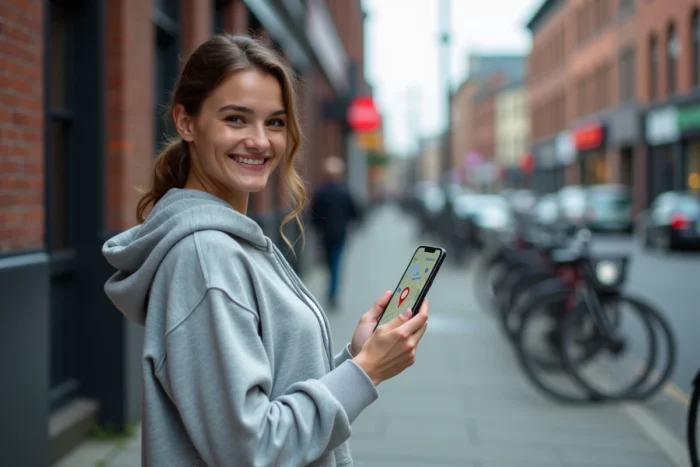 Femme consultant une carte GPS sur smartphone dans la rue après un changement d'adresse Gozmap