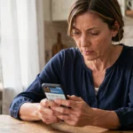 Femme consultant un numéro de téléphone indicatif 04 12 sur son smartphone dans une cuisine française