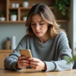 Femme tenant un smartphone affichant un numéro inconnu, cherchant à identifier l'appelant via un annuaire inversé