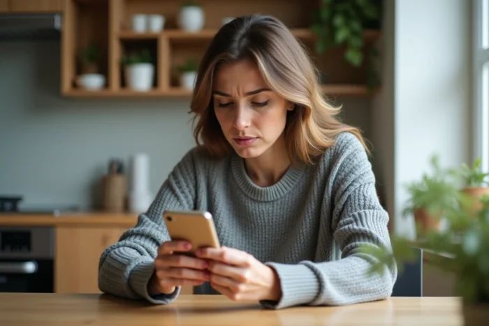 Femme tenant un smartphone affichant un numéro inconnu, cherchant à identifier l'appelant via un annuaire inversé