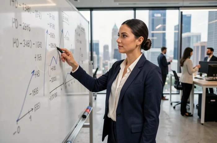 Femme cadre présentant une stratégie d'investissement boursier sur un tableau dans un bureau moderne