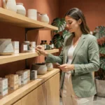 Femme élégante explorant les dernières tendances lifestyle dans une boutique concept moderne aux murs terracotta