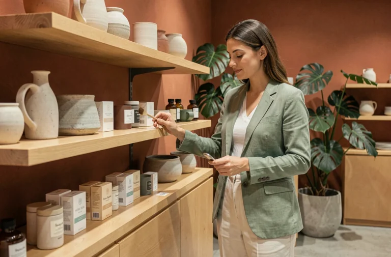 Femme élégante explorant les dernières tendances lifestyle dans une boutique concept moderne aux murs terracotta