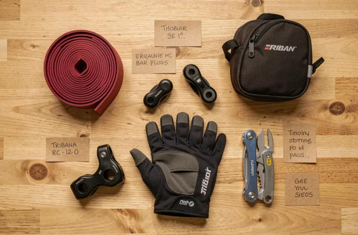 Sélection d'accessoires cyclisme pour optimiser le confort du Triban RC 120 disposés en flat lay