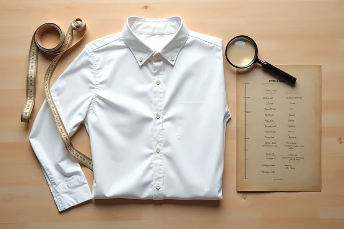 Plat lay d'une chemise taille S avec mètre ruban et tableau des équivalences de tailles en centimètres