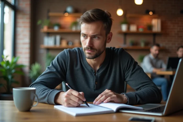 Un homme en reconversion professionnelle suit une formation en ligne dans un espace de coworking, prenant des notes manuscrites sur un cahier devant son ordinateur portable