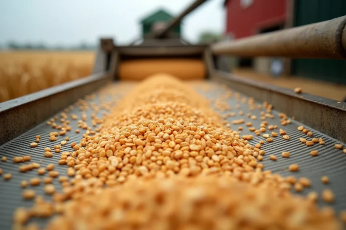 Gros plan de grains de blé triés sur le tamis métallique d'un séparateur de grains professionnel à la ferme