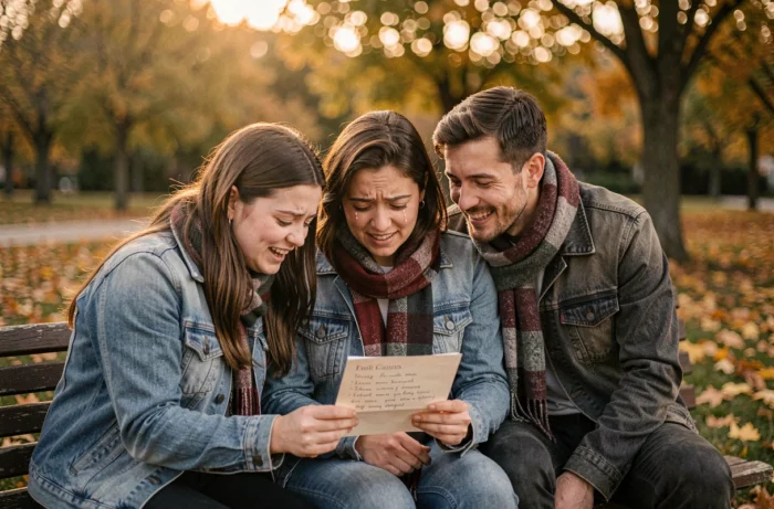 Groupe d'amis réunis dans un parc en automne lisant ensemble une carte d'adieu émouvante