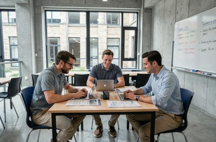 Groupe d'apprenants adultes en formation professionnelle diplômante dans un centre de formation moderne