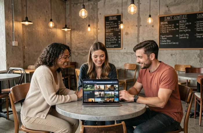 Groupe de personnes discutant d'une sélection de documentaires sur un ordinateur portable dans un café urbain