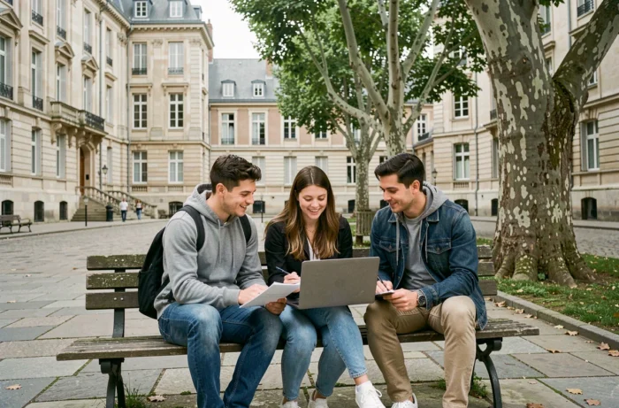 Groupe d'étudiants sur un campus français discutant de leurs crédits ECTS et de leur parcours en master