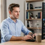 Homme analysant des graphiques boursiers sur un écran d'ordinateur dans un bureau moderne à domicile