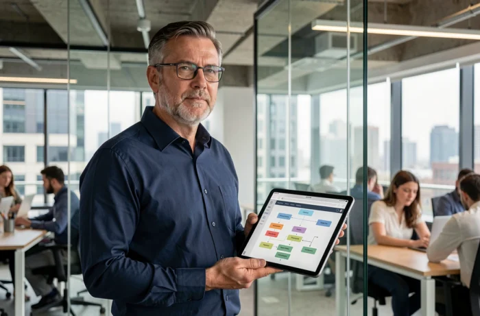 Homme professionnel analysant un plan de site sur une tablette dans un bureau en open space